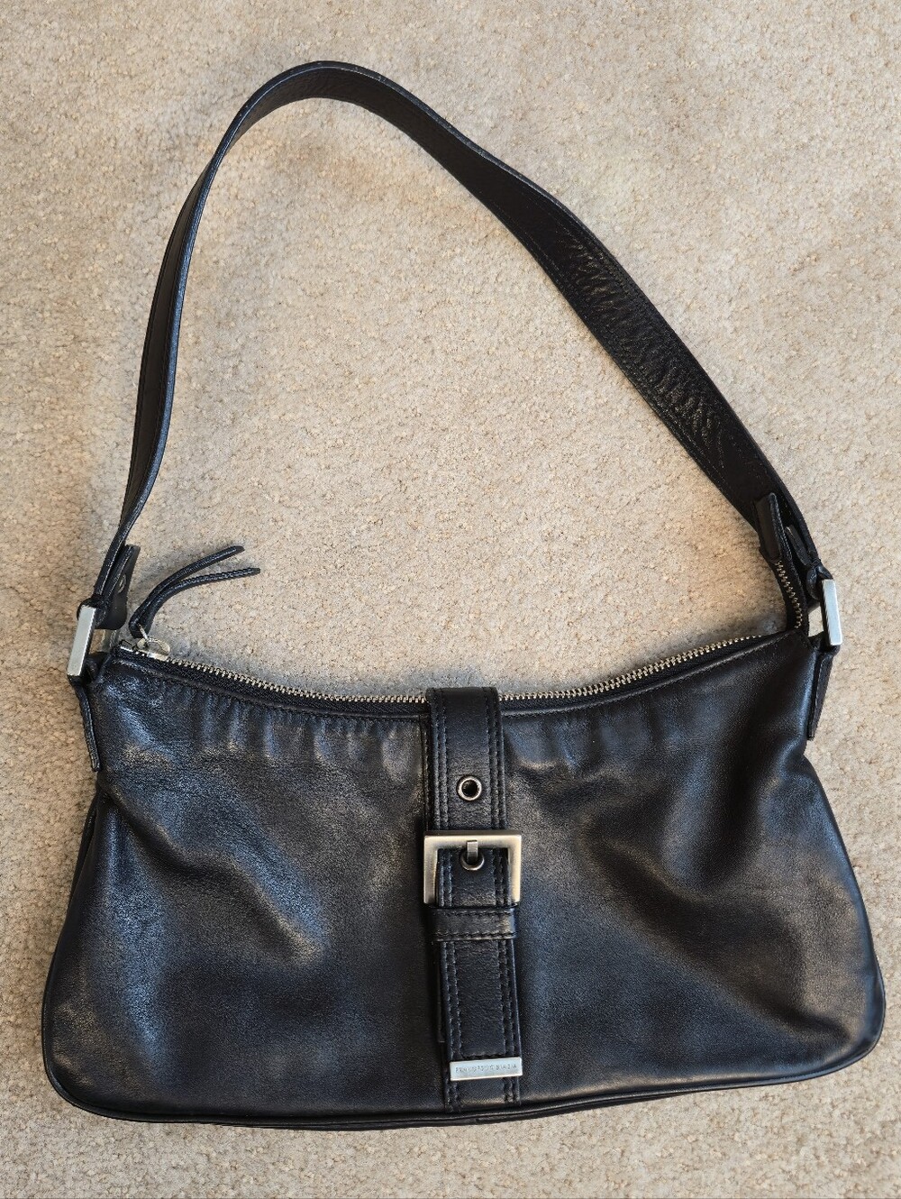 Francesco Biasia Y2K Black Nylon Leather Stitched Strap Shoulder Bag Purse